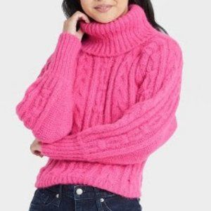 Women's Mock Turtleneck Cable Knit Pullover Sweater - A New Day™ Pink S